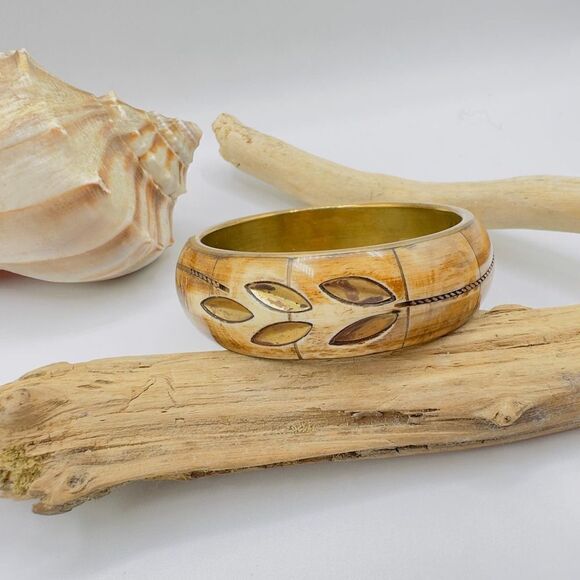 Vintage Brass & Bone Bangle Bracelet - Picture 1 of 6